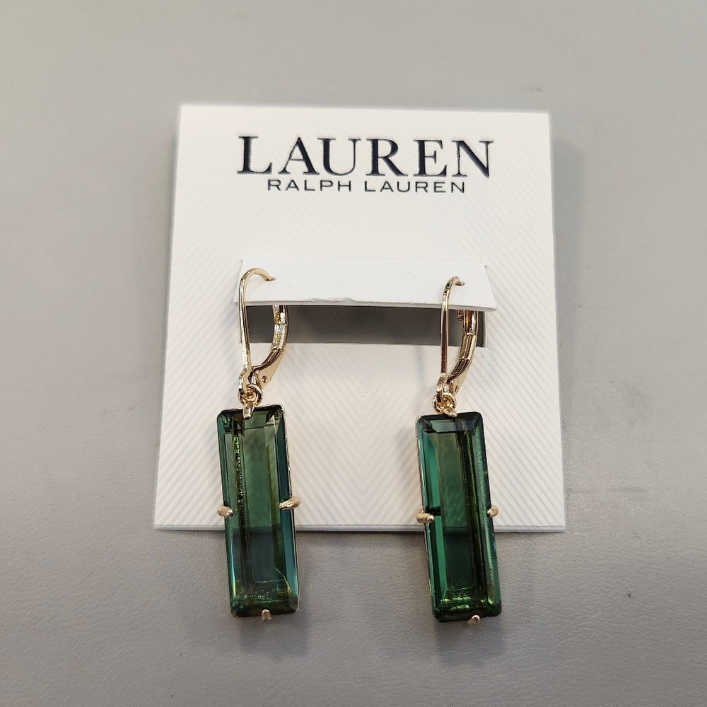 NWT Ralph Lauren Gold-Tone Green Baguette Stone Drop Earrings